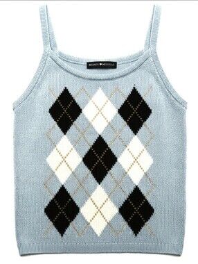Brandy Melville Light Blue Argyle Edith Knit Tank Top • 100% Cotton OS